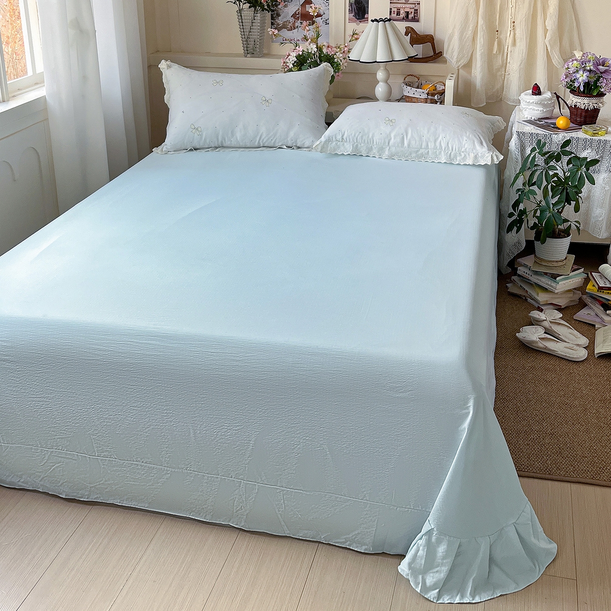 91家纺网 家纺一手货源 找家纺 一比一家纺 2026新款彩色花边木棉皱皱纱夏被四件套 初心蓝