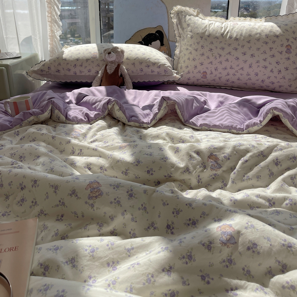 91家纺网 家纺一手货源 找家纺 宝士康家纺 2026新款10A抗菌全棉黑色花边云朵棉单夏被/夏被四件套 云朵棉-甜囡紫絮