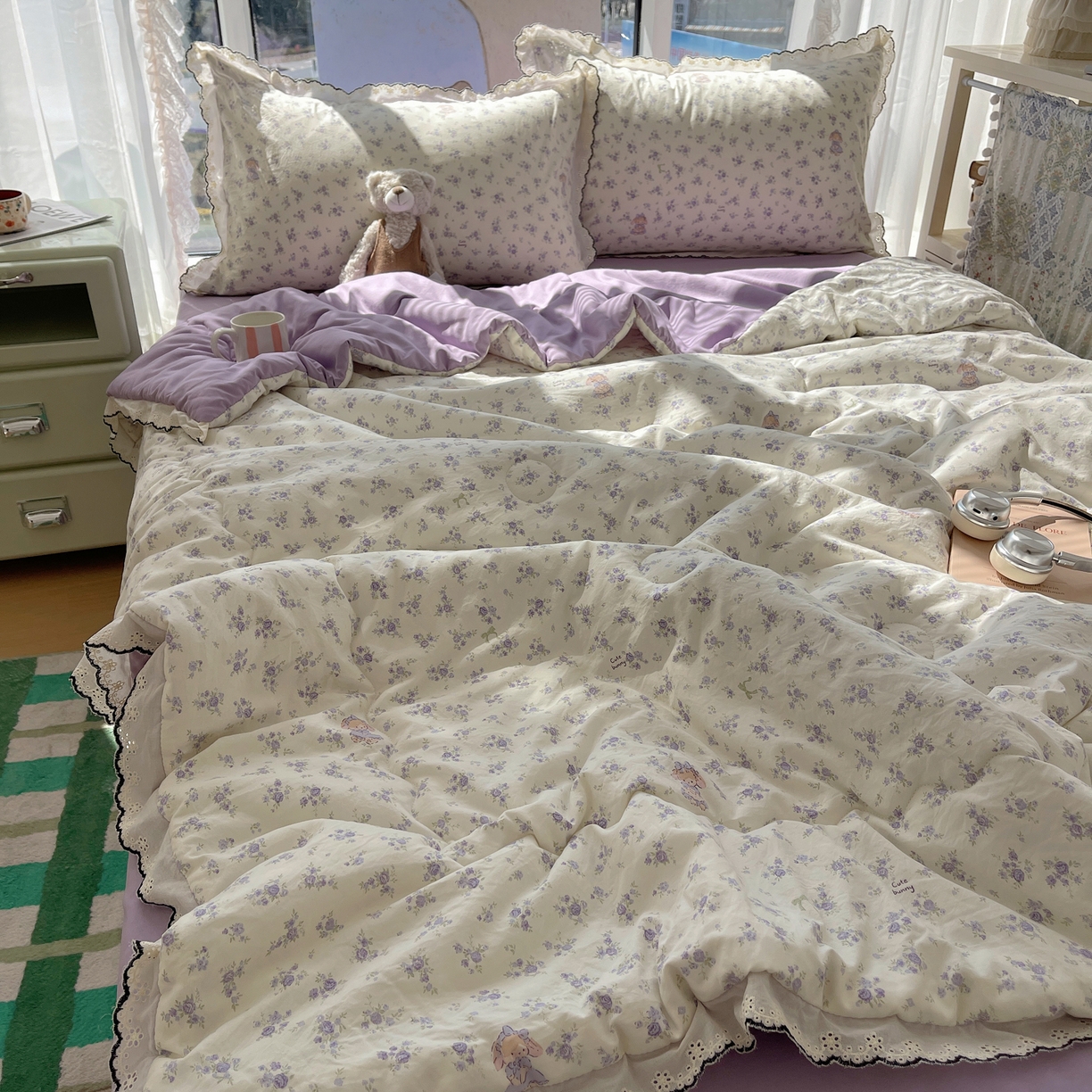 91家纺网 家纺一手货源 找家纺 宝士康家纺 2026新款10A抗菌全棉黑色花边云朵棉单夏被/夏被四件套 云朵棉-甜囡紫絮