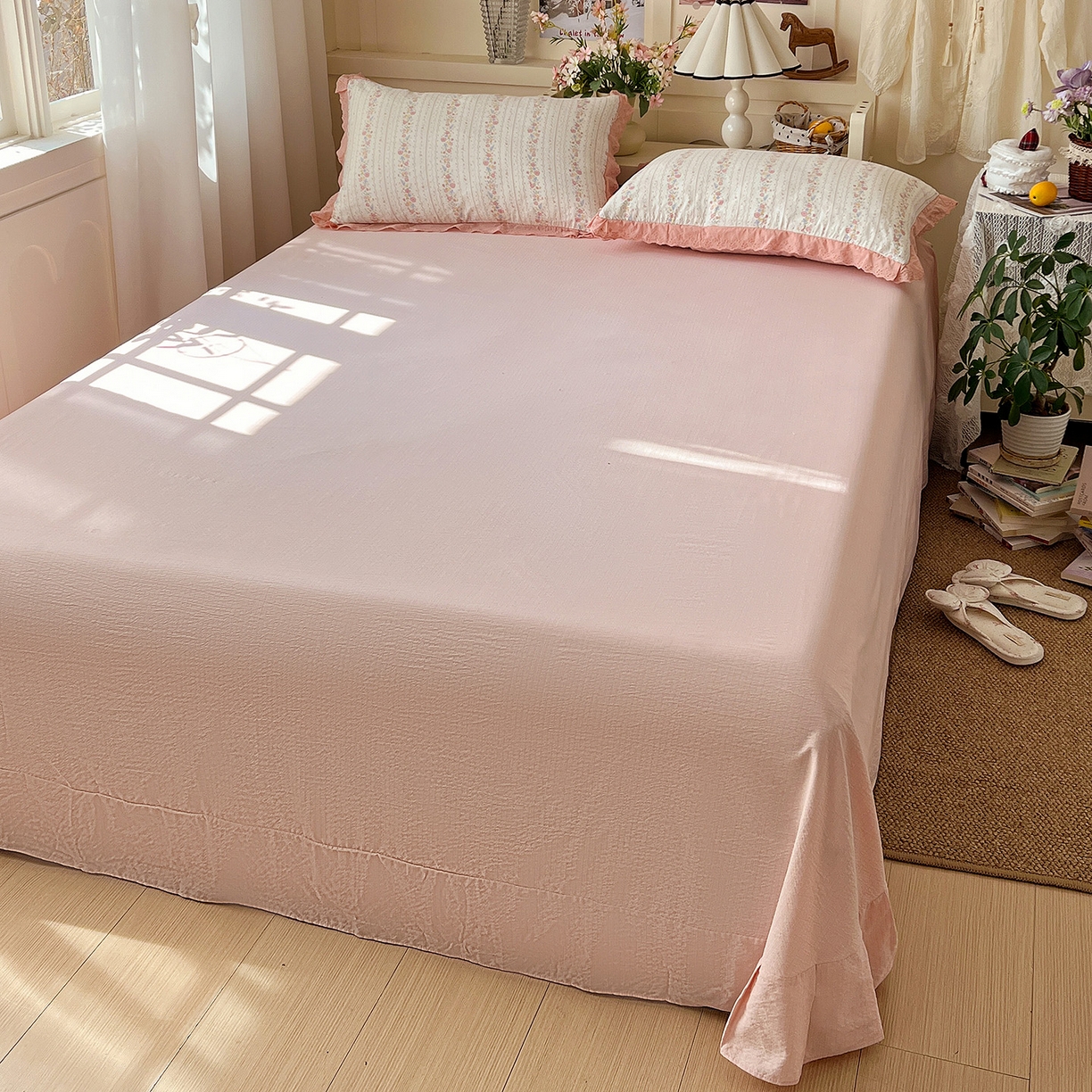 91家纺网 家纺一手货源 找家纺 一比一家纺 2026新款彩色花边木棉皱皱纱夏被四件套 扶摇