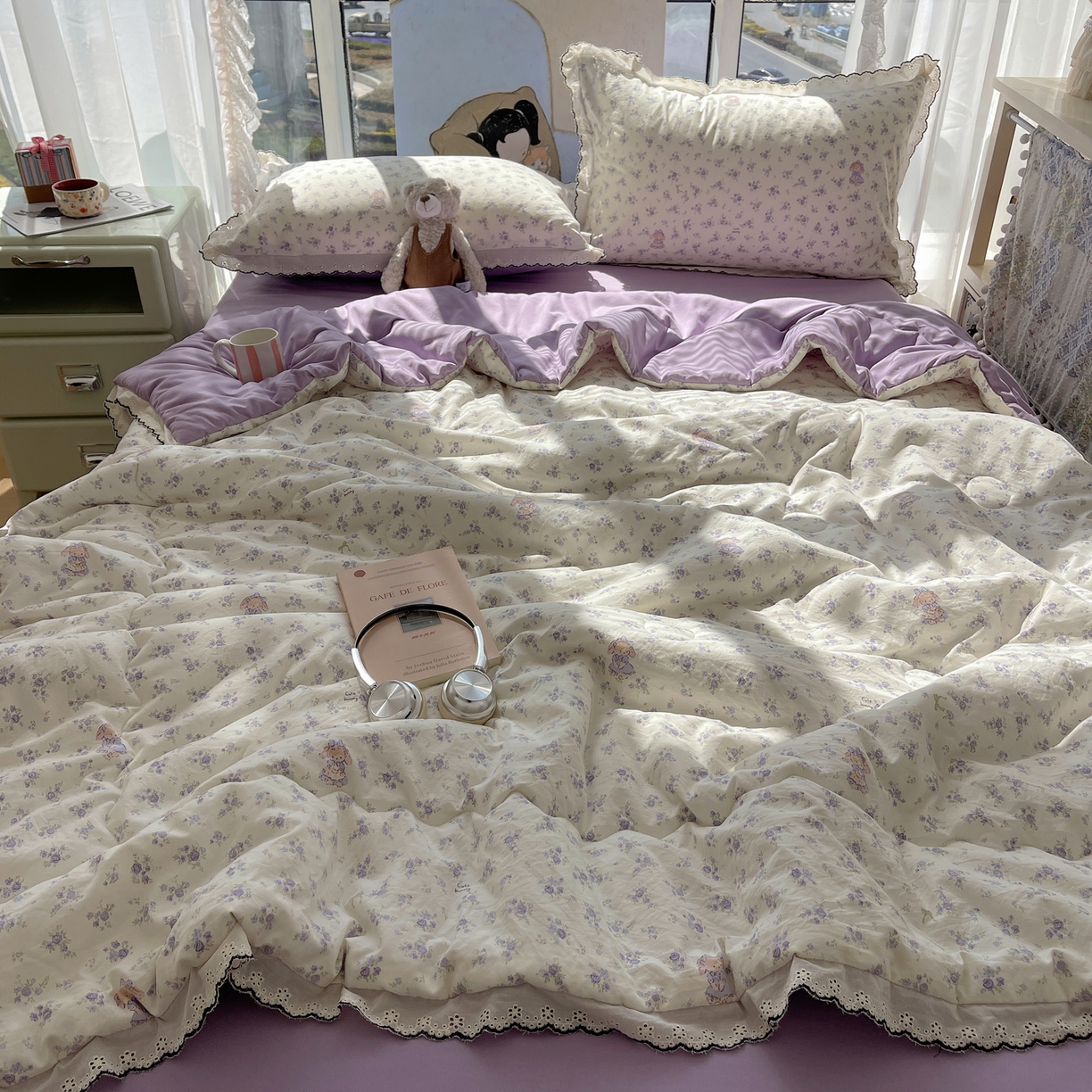 91家纺网 家纺一手货源 找家纺 宝士康家纺 2026新款10A抗菌全棉黑色花边云朵棉单夏被/夏被四件套 云朵棉-甜囡紫絮