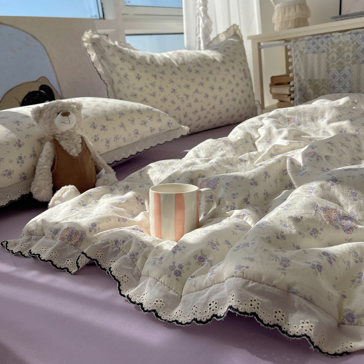 91家纺网 家纺一手货源 找家纺 宝士康家纺 2026新款10A抗菌全棉黑色花边云朵棉单夏被/夏被四件套 云朵棉-甜囡紫絮