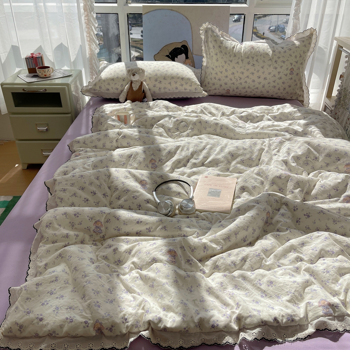 91家纺网 家纺一手货源 找家纺 宝士康家纺 2026新款10A抗菌全棉黑色花边云朵棉单夏被/夏被四件套 云朵棉-甜囡紫絮