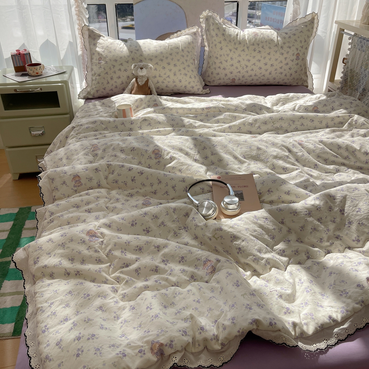 91家纺网 家纺一手货源 找家纺 宝士康家纺 2026新款10A抗菌全棉黑色花边云朵棉单夏被/夏被四件套 云朵棉-甜囡紫絮