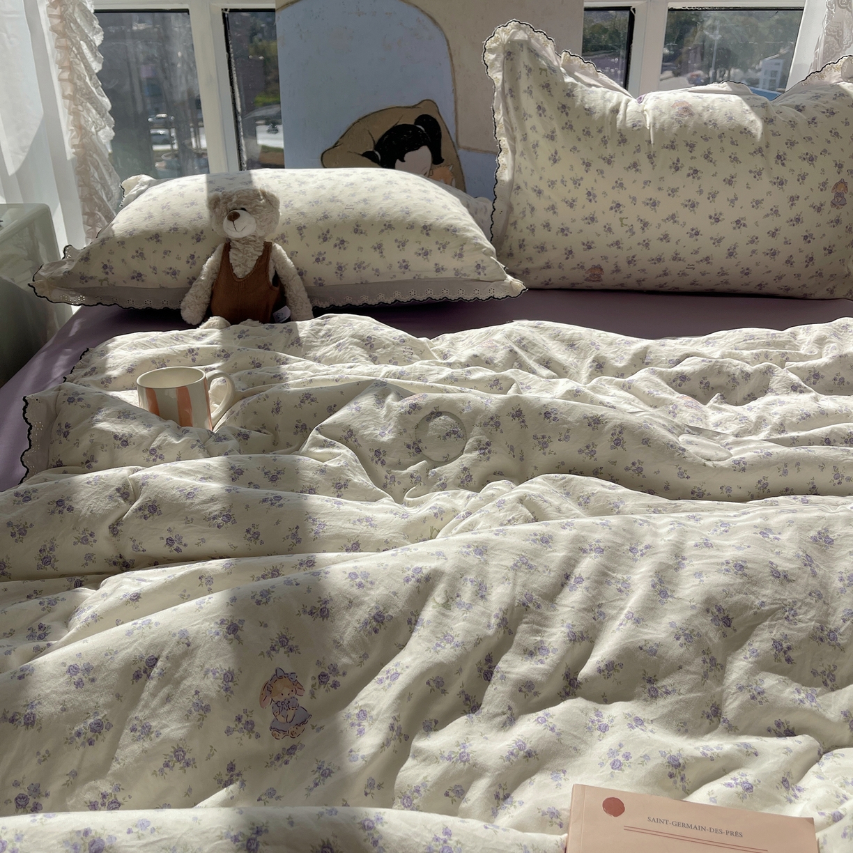 91家纺网 家纺一手货源 找家纺 宝士康家纺 2026新款10A抗菌全棉黑色花边云朵棉单夏被/夏被四件套 云朵棉-甜囡紫絮