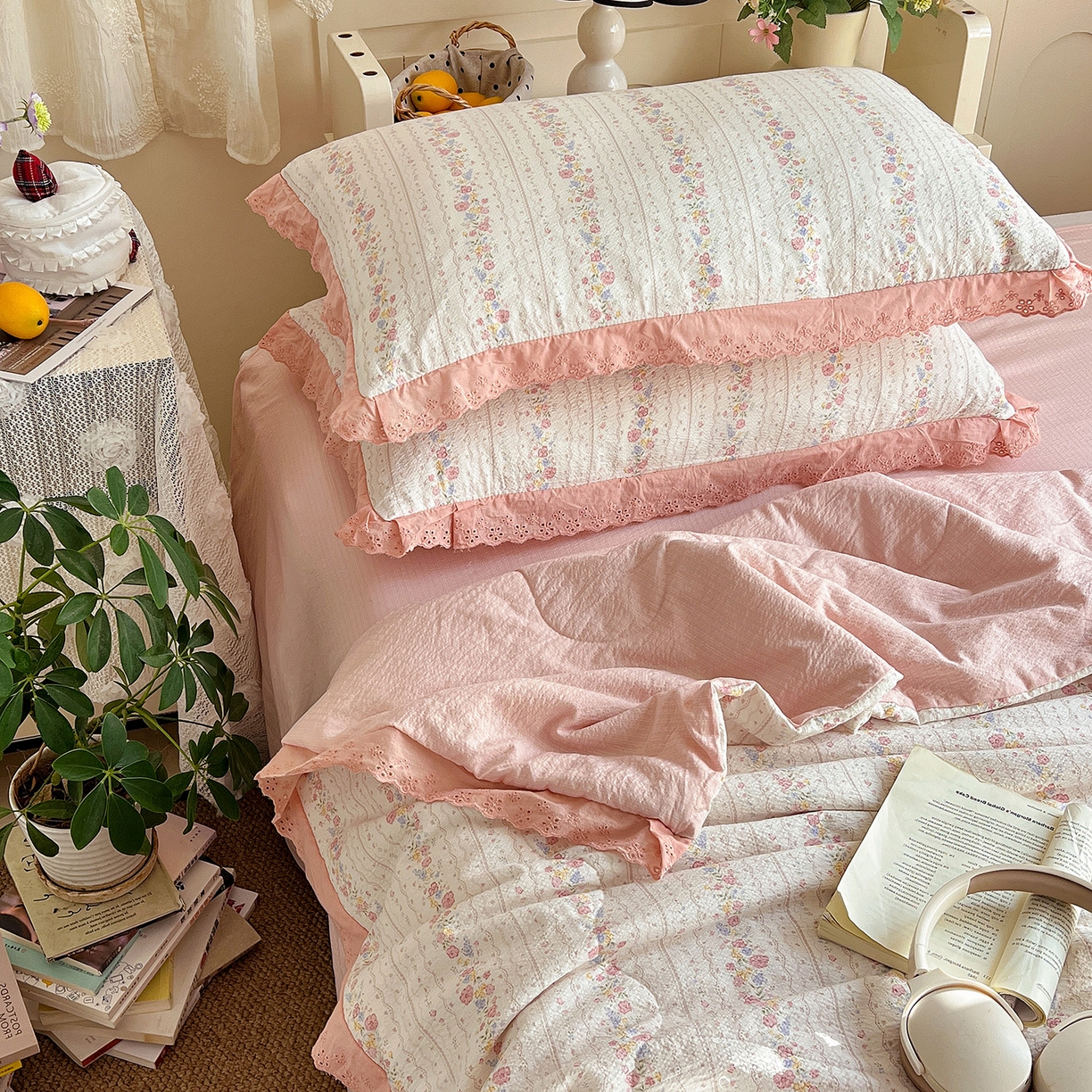 91家纺网 家纺一手货源 找家纺 一比一家纺 2026新款彩色花边木棉皱皱纱夏被四件套 扶摇