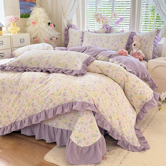 91家纺网 家纺一手货源 找家纺 （总）唐人居 2026春夏新款皱皱水洗棉花边床盖四件套