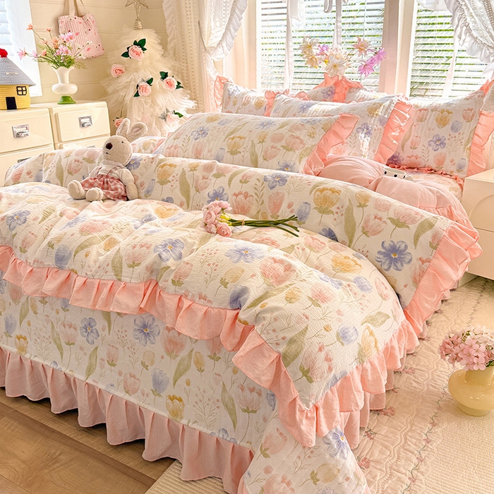 91家纺网 家纺一手货源 找家纺 （总）唐人居 2026春夏新款皱皱水洗棉花边床盖四件套