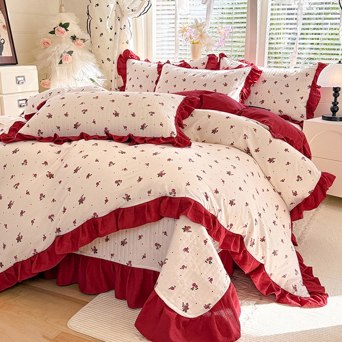 91家纺网 家纺一手货源 找家纺 （总）唐人居 2026春夏新款皱皱水洗棉花边床盖四件套