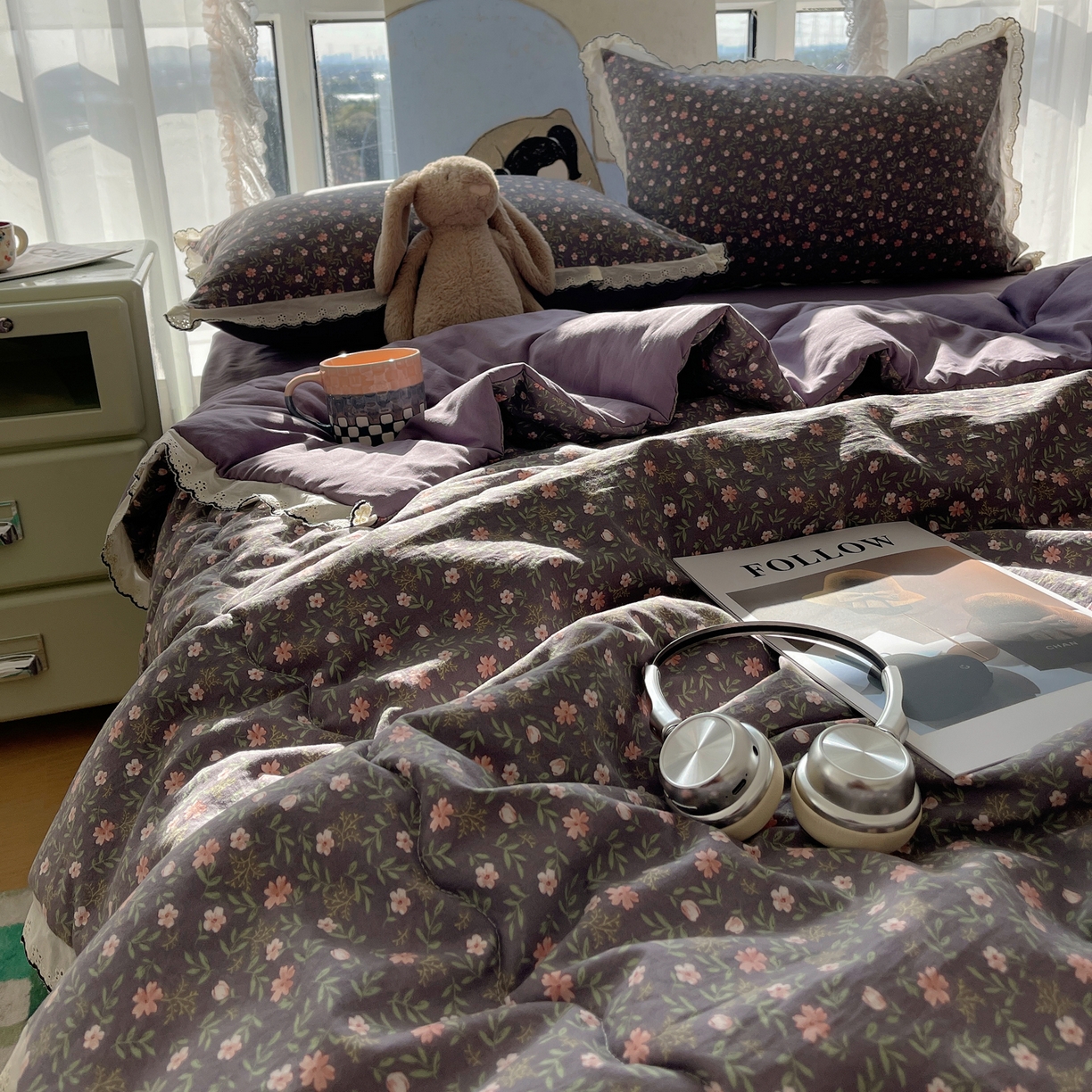 宝士康家纺 2026新款10A抗菌全棉黑色花边云朵棉单夏被/夏被四件套 云朵棉-紫调花簇
