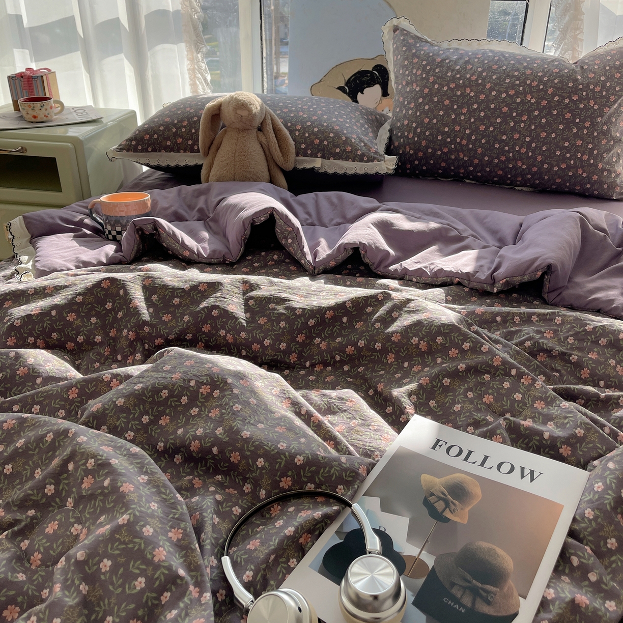 91家纺网 家纺一手货源 找家纺 宝士康家纺 2026新款10A抗菌全棉黑色花边云朵棉单夏被/夏被四件套 云朵棉-紫调花簇