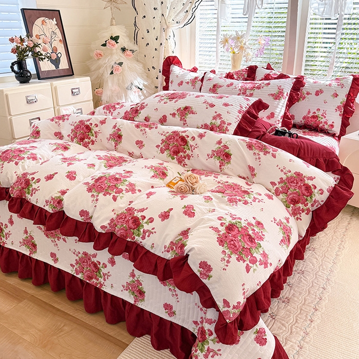 91家纺网 家纺一手货源 找家纺 唐人居 2026春夏新款皱皱水洗棉花边床盖四件套 安妮