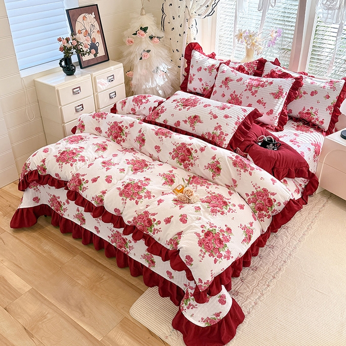 91家纺网 家纺一手货源 找家纺 唐人居 2026春夏新款皱皱水洗棉花边床盖四件套 安妮