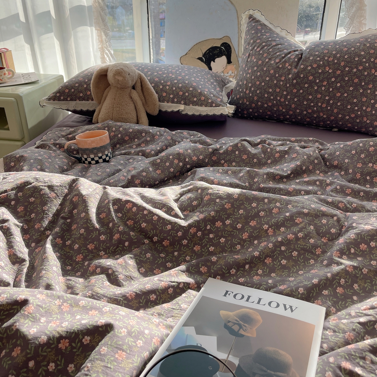 91家纺网 家纺一手货源 找家纺 宝士康家纺 2026新款10A抗菌全棉黑色花边云朵棉单夏被/夏被四件套 云朵棉-紫调花簇