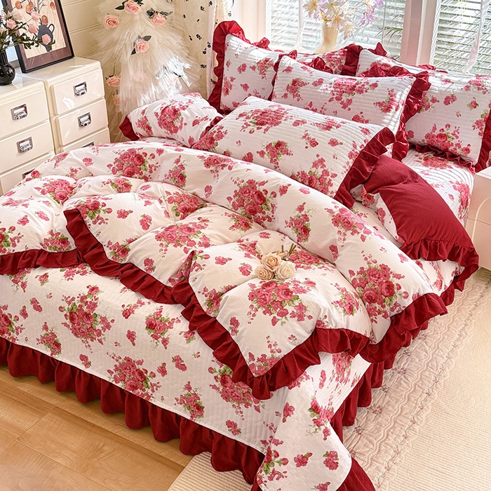 91家纺网 家纺一手货源 找家纺 唐人居 2026春夏新款皱皱水洗棉花边床盖四件套 安妮