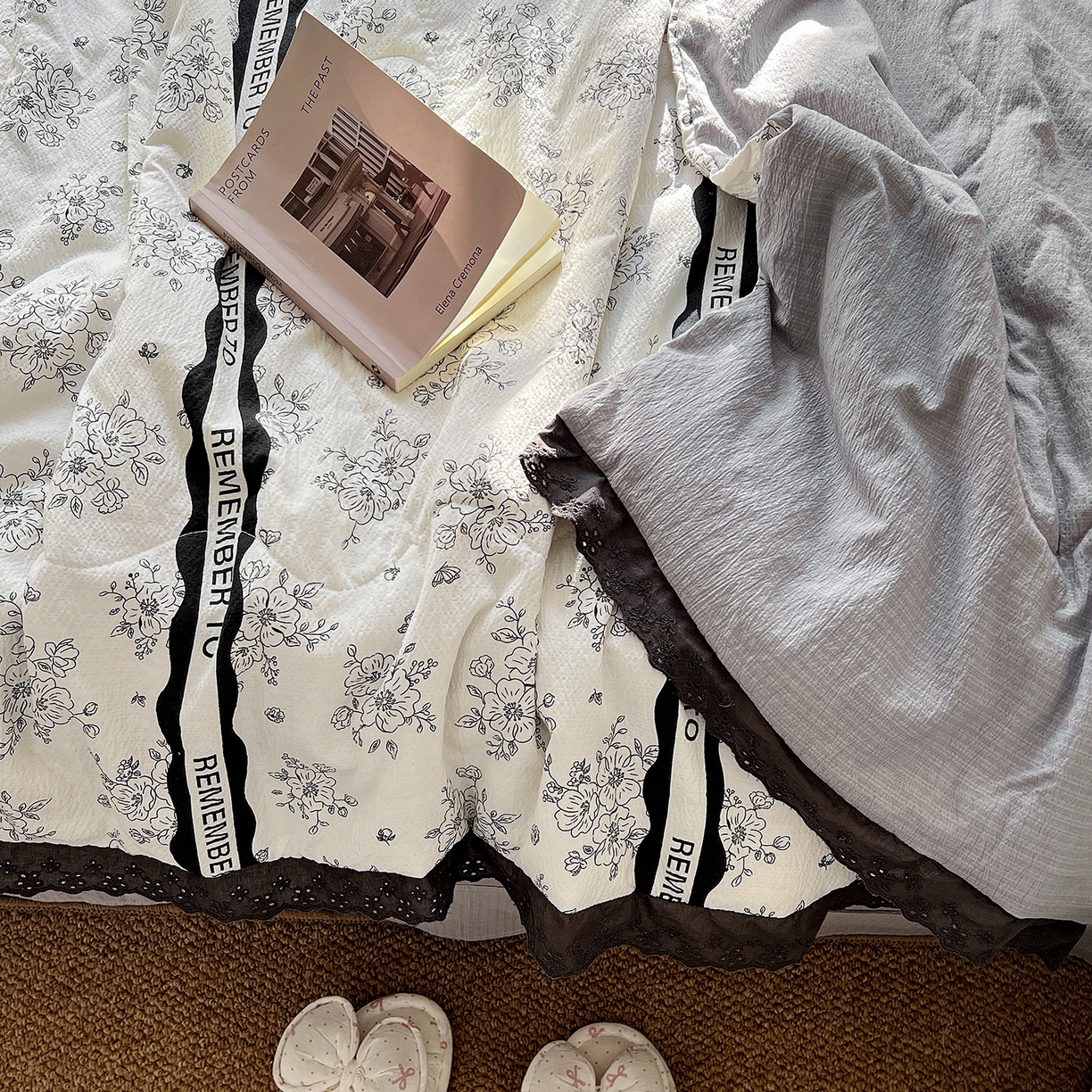 91家纺网 家纺一手货源 找家纺 一比一家纺 2026新款彩色花边木棉皱皱纱夏被四件套 赫本