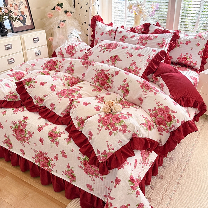 91家纺网 家纺一手货源 找家纺 唐人居 2026春夏新款皱皱水洗棉花边床盖四件套 安妮