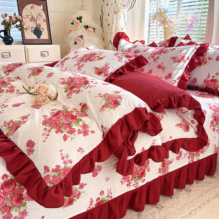 91家纺网 家纺一手货源 找家纺 唐人居 2026春夏新款皱皱水洗棉花边床盖四件套 安妮