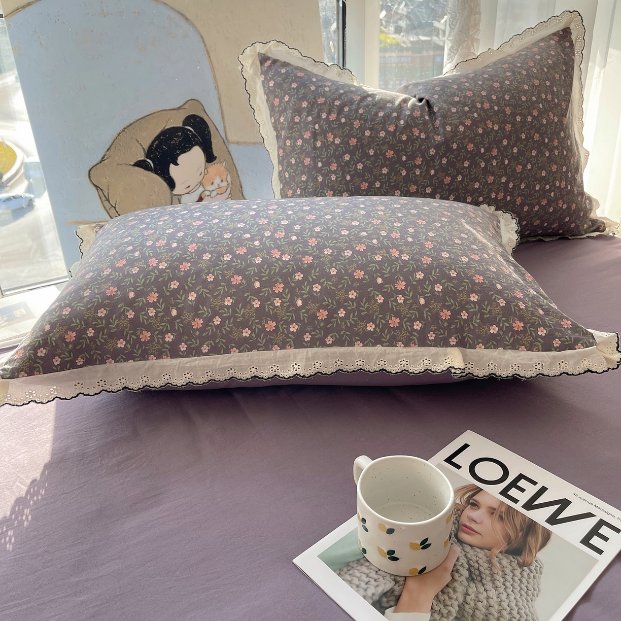 91家纺网 家纺一手货源 找家纺 宝士康家纺 2026新款10A抗菌全棉黑色花边云朵棉单夏被/夏被四件套 云朵棉-紫调花簇