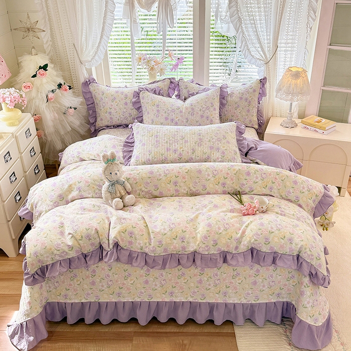 91家纺网 家纺一手货源 找家纺 唐人居 2026春夏新款皱皱水洗棉花边床盖四件套 半亩花田