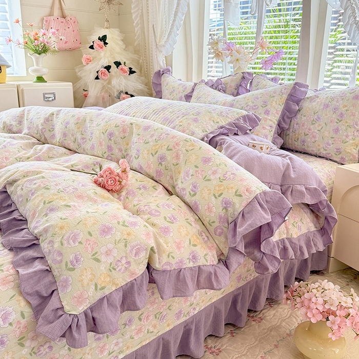 91家纺网 家纺一手货源 找家纺 唐人居 2026春夏新款皱皱水洗棉花边床盖四件套 半亩花田