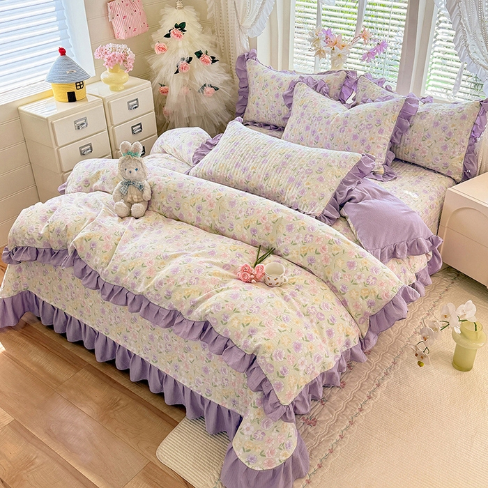 91家纺网 家纺一手货源 找家纺 唐人居 2026春夏新款皱皱水洗棉花边床盖四件套 半亩花田