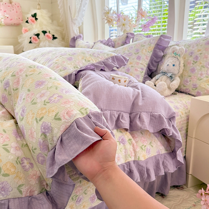 91家纺网 家纺一手货源 找家纺 唐人居 2026春夏新款皱皱水洗棉花边床盖四件套 半亩花田