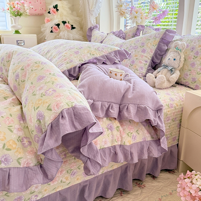 91家纺网 家纺一手货源 找家纺 唐人居 2026春夏新款皱皱水洗棉花边床盖四件套 半亩花田