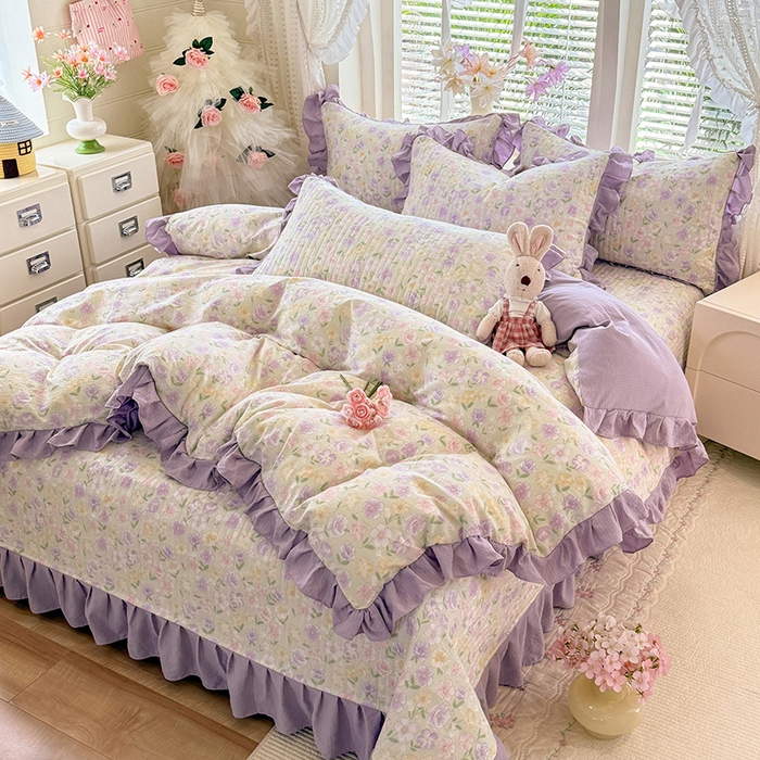 91家纺网 家纺一手货源 找家纺 唐人居 2026春夏新款皱皱水洗棉花边床盖四件套 半亩花田