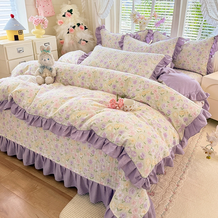 91家纺网 家纺一手货源 找家纺 唐人居 2026春夏新款皱皱水洗棉花边床盖四件套 半亩花田