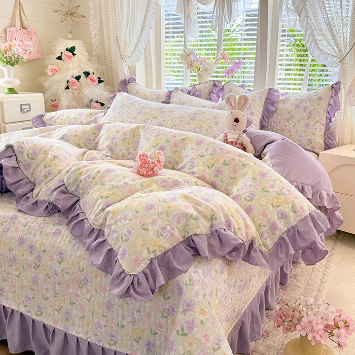 91家纺网 家纺一手货源 找家纺 唐人居 2026春夏新款皱皱水洗棉花边床盖四件套 半亩花田