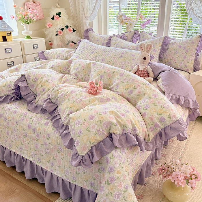 91家纺网 家纺一手货源 找家纺 唐人居 2026春夏新款皱皱水洗棉花边床盖四件套 半亩花田