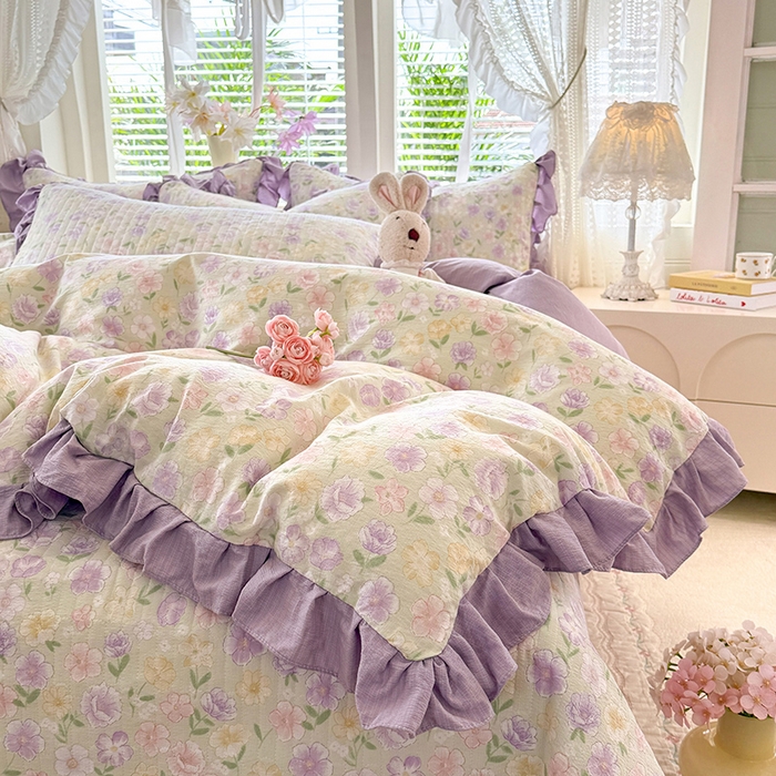 91家纺网 家纺一手货源 找家纺 唐人居 2026春夏新款皱皱水洗棉花边床盖四件套 半亩花田