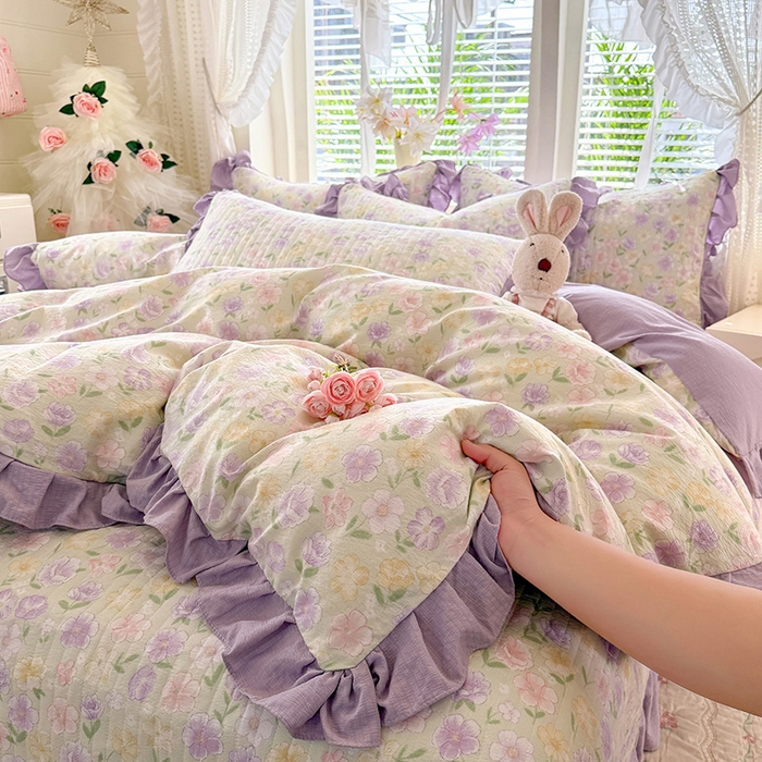 91家纺网 家纺一手货源 找家纺 唐人居 2026春夏新款皱皱水洗棉花边床盖四件套 半亩花田