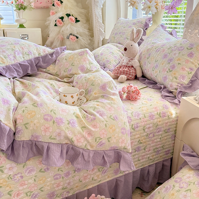 91家纺网 家纺一手货源 找家纺 唐人居 2026春夏新款皱皱水洗棉花边床盖四件套 半亩花田