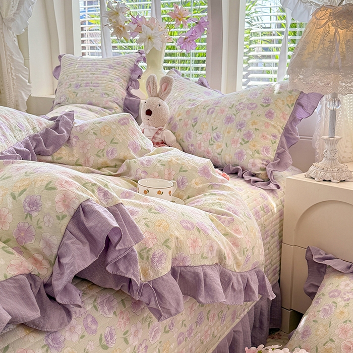 91家纺网 家纺一手货源 找家纺 唐人居 2026春夏新款皱皱水洗棉花边床盖四件套 半亩花田