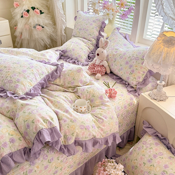 91家纺网 家纺一手货源 找家纺 唐人居 2026春夏新款皱皱水洗棉花边床盖四件套 半亩花田