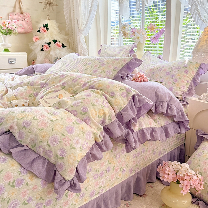 91家纺网 家纺一手货源 找家纺 唐人居 2026春夏新款皱皱水洗棉花边床盖四件套 半亩花田