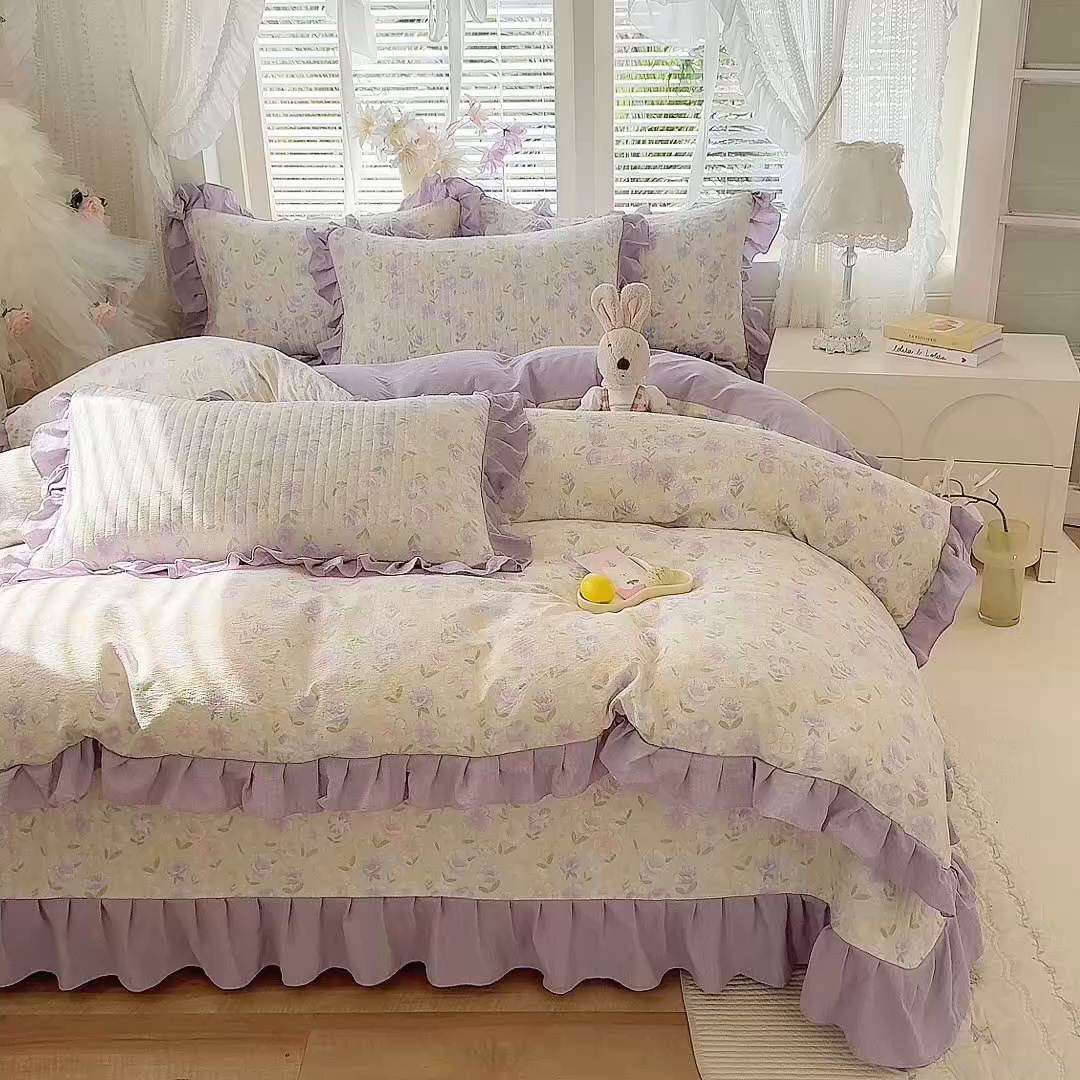 91家纺网 家纺一手货源 找家纺 唐人居 2026春夏新款皱皱水洗棉花边床盖四件套 半亩花田