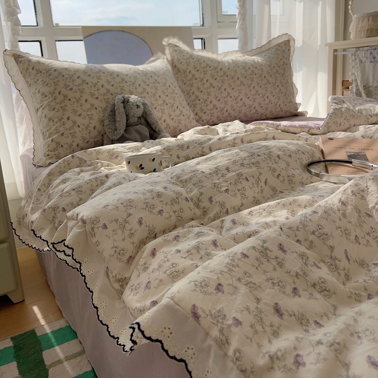 91家纺网 家纺一手货源 找家纺 宝士康家纺 2026新款10A抗菌全棉黑色花边云朵棉单夏被/夏被四件套 云朵棉-紫萝香