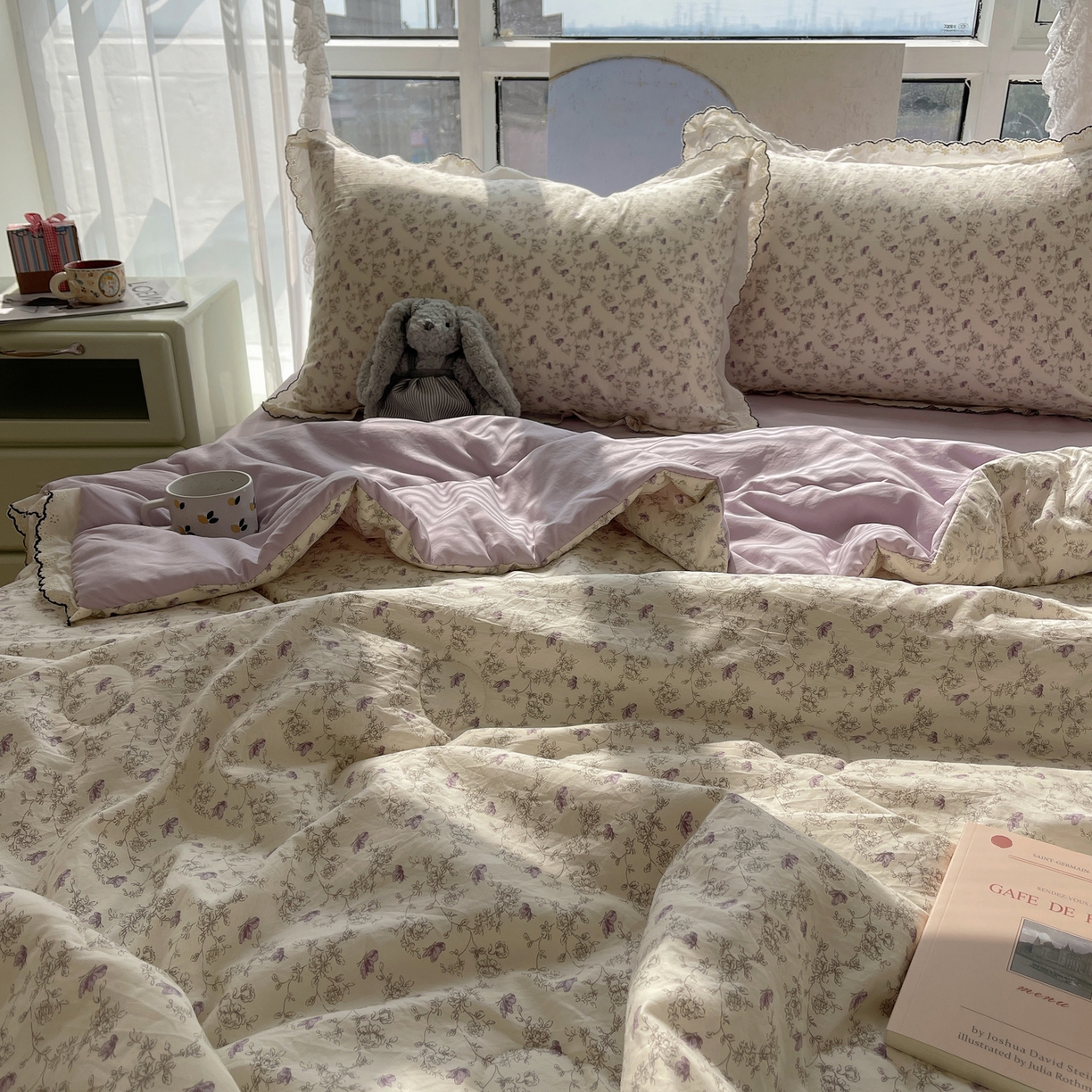 91家纺网 家纺一手货源 找家纺 宝士康家纺 2026新款10A抗菌全棉黑色花边云朵棉单夏被/夏被四件套 云朵棉-紫萝香