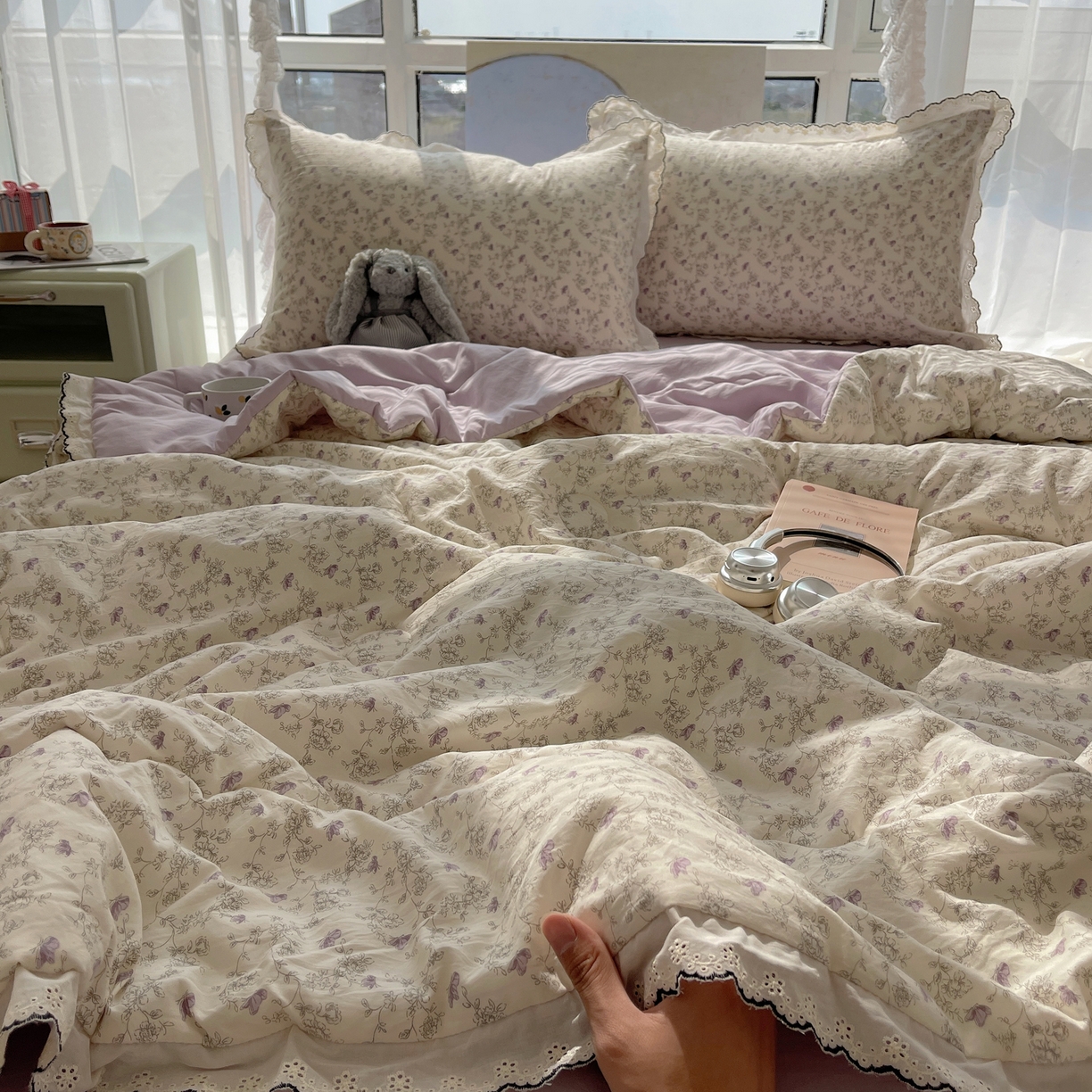 91家纺网 家纺一手货源 找家纺 宝士康家纺 2026新款10A抗菌全棉黑色花边云朵棉单夏被/夏被四件套 云朵棉-紫萝香