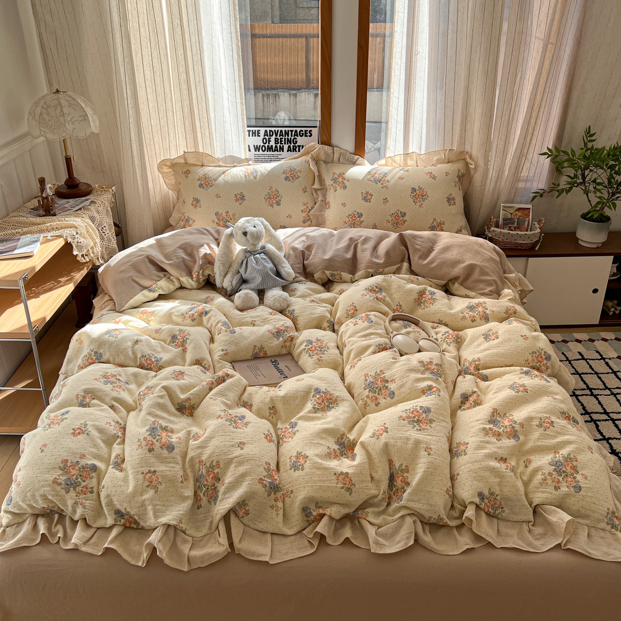 91家纺网 家纺一手货源 找家纺 耀悦家纺 2026新款真棉麻四件套轻奢法式大花边工艺款圆角荷叶边吊边床单 蔷薇花序