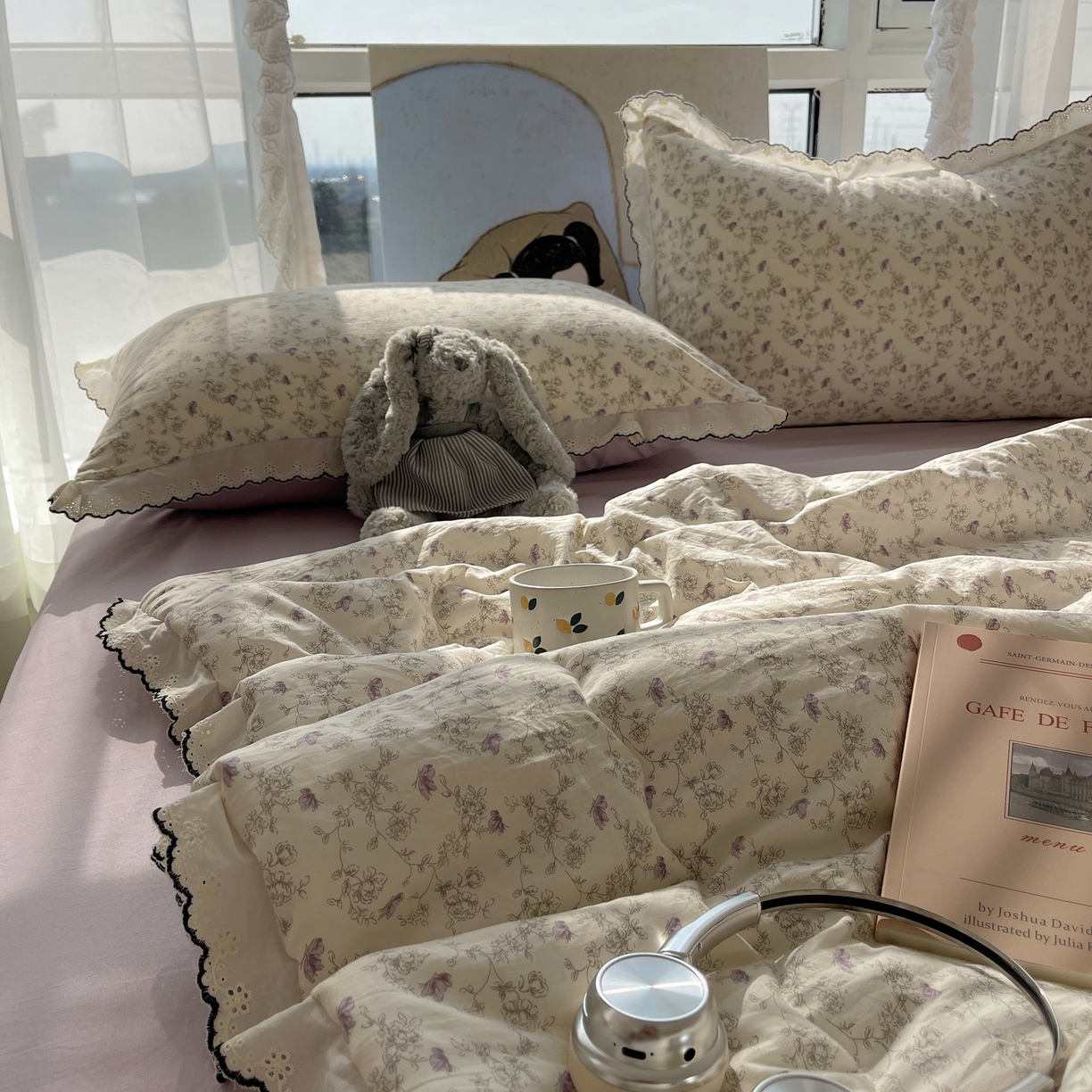 91家纺网 家纺一手货源 找家纺 宝士康家纺 2026新款10A抗菌全棉黑色花边云朵棉单夏被/夏被四件套 云朵棉-紫萝香