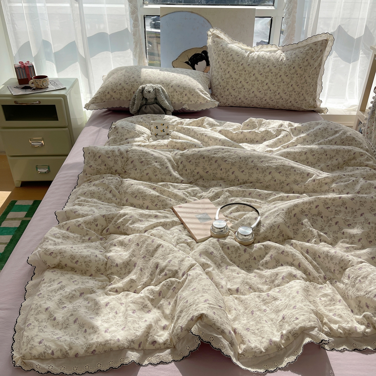 91家纺网 家纺一手货源 找家纺 宝士康家纺 2026新款10A抗菌全棉黑色花边云朵棉单夏被/夏被四件套 云朵棉-紫萝香