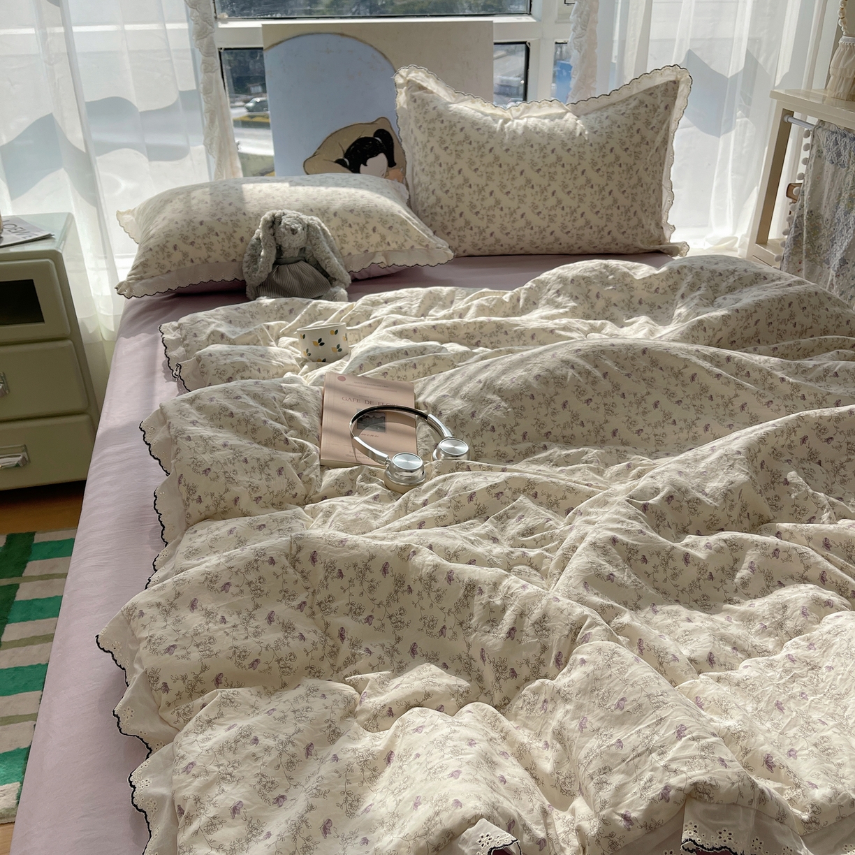 91家纺网 家纺一手货源 找家纺 宝士康家纺 2026新款10A抗菌全棉黑色花边云朵棉单夏被/夏被四件套 云朵棉-紫萝香