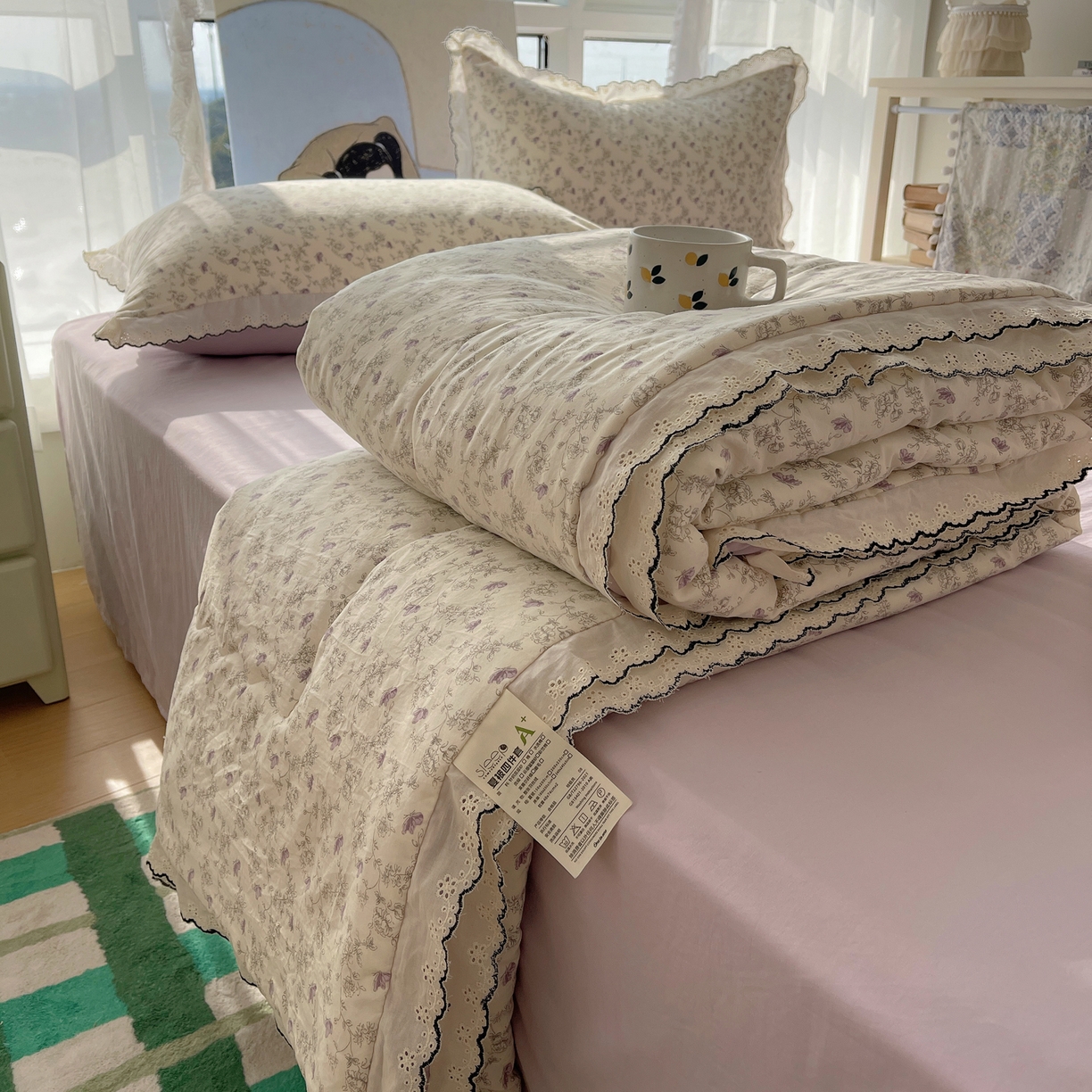 91家纺网 家纺一手货源 找家纺 宝士康家纺 2026新款10A抗菌全棉黑色花边云朵棉单夏被/夏被四件套 云朵棉-紫萝香