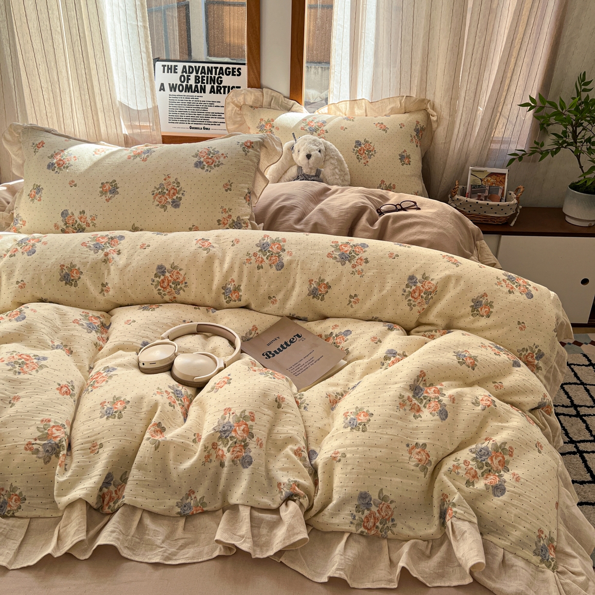 91家纺网 家纺一手货源 找家纺 耀悦家纺 2026新款真棉麻四件套轻奢法式大花边工艺款圆角荷叶边吊边床单 蔷薇花序