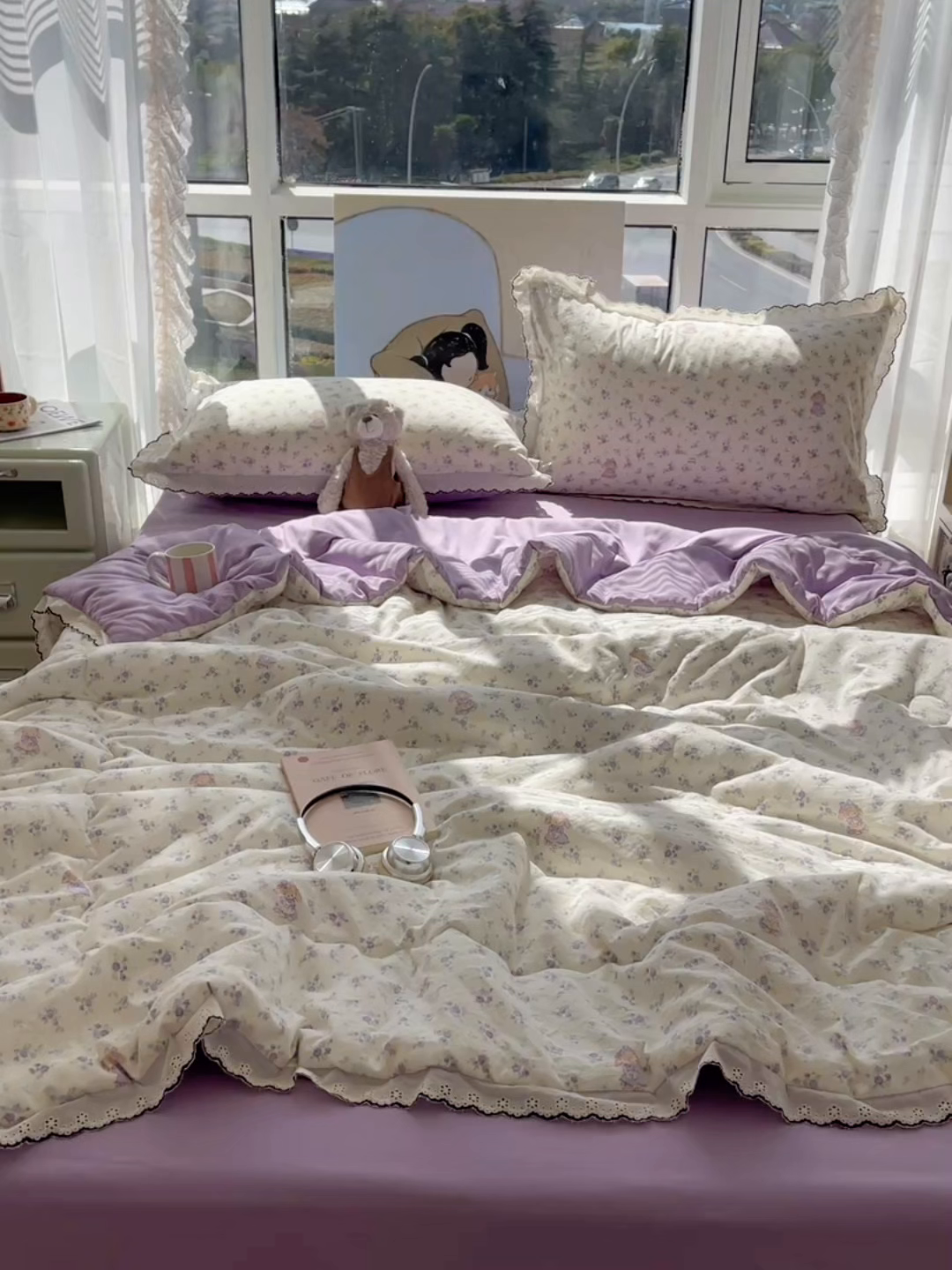 91家纺网 家纺一手货源 找家纺 宝士康家纺 2026新款10A抗菌全棉黑色花边云朵棉单夏被/夏被四件套 云朵棉-紫萝香