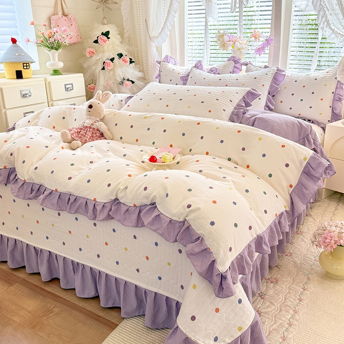 91家纺网 家纺一手货源 找家纺 唐人居 2026春夏新款皱皱水洗棉花边床盖四件套 彩色波点